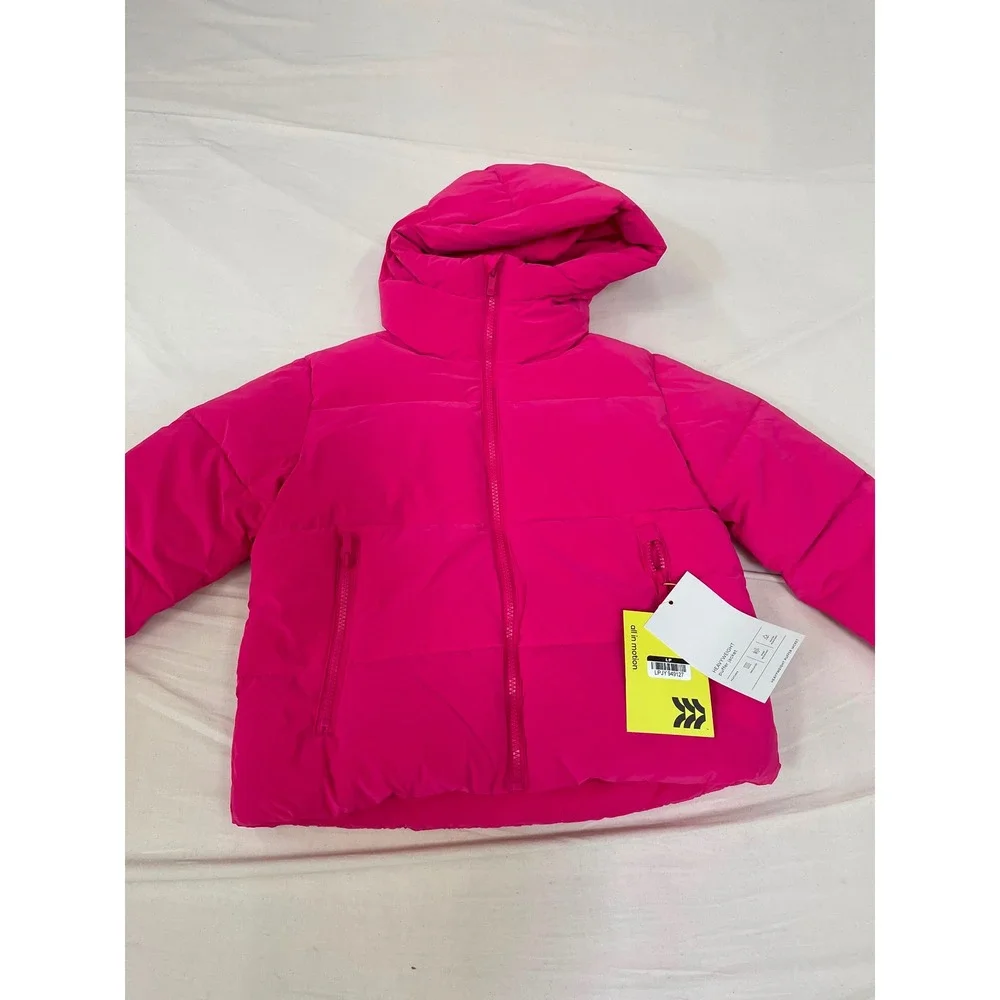 All in Motion Girls Heavyweight Puffer Jacket Pink Hooded Winter Coat Size M 8